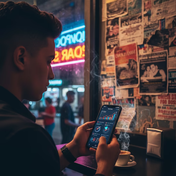 Emprendedor en Santa Clara analizando métricas de marketing digital e insights de Instagram en un café moderno cerca del Parque Vidal.